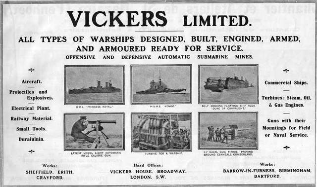 Cartel propagandístico del trabajo de las fábricas Vickers. En el centro el HIJMS Kongo, entre cañones, ametralladoras y otros productos